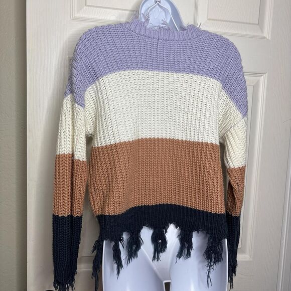 Love Tree S Distressed Colorblock Knit Sweater Lavender Cream Tan Navy Women’s - Picture 5 of 6
